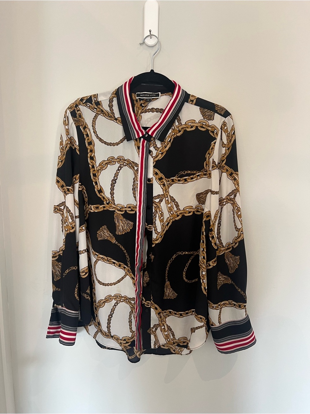 Melanie Lynn Chain-Print Button-Front Blouse - Black, White & Gold size 14